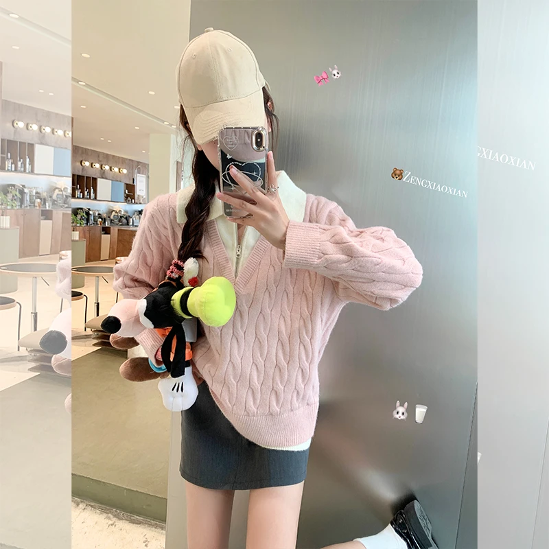 曾小咸 韩系慵懒风撞色polo领假两件毛衣Z244MH3402