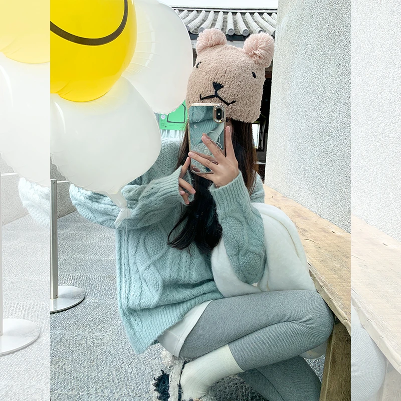 曾小咸韩系百搭宽松蓝色圆领麻花毛衣Z244MR3721