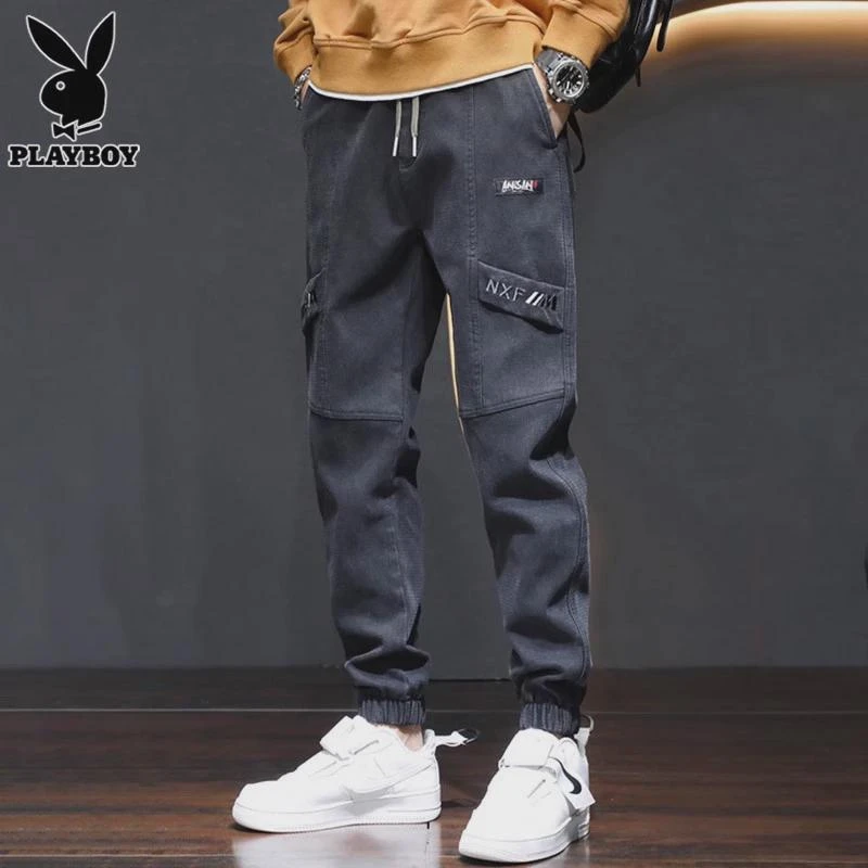 花花公子冬季工装牛仔裤男士宽松紧腰潮流束脚休闲长裤子男秋冬款