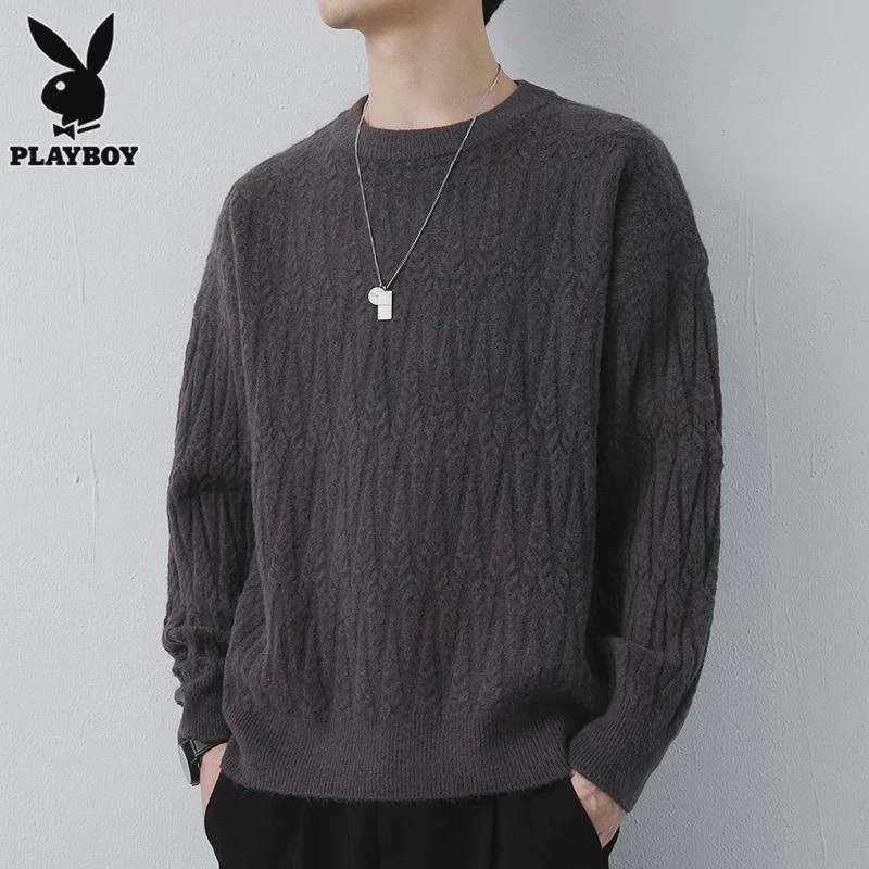 花花公子圆领毛衣男士冬季毛线衣服帅气潮流麻花针织打底衫男装