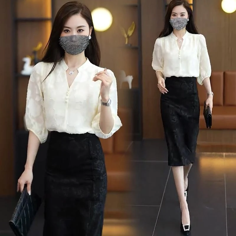 时尚套装裙女夏季新款洋气质显瘦提花雪纺衬衫半身裙包臀裙两件套