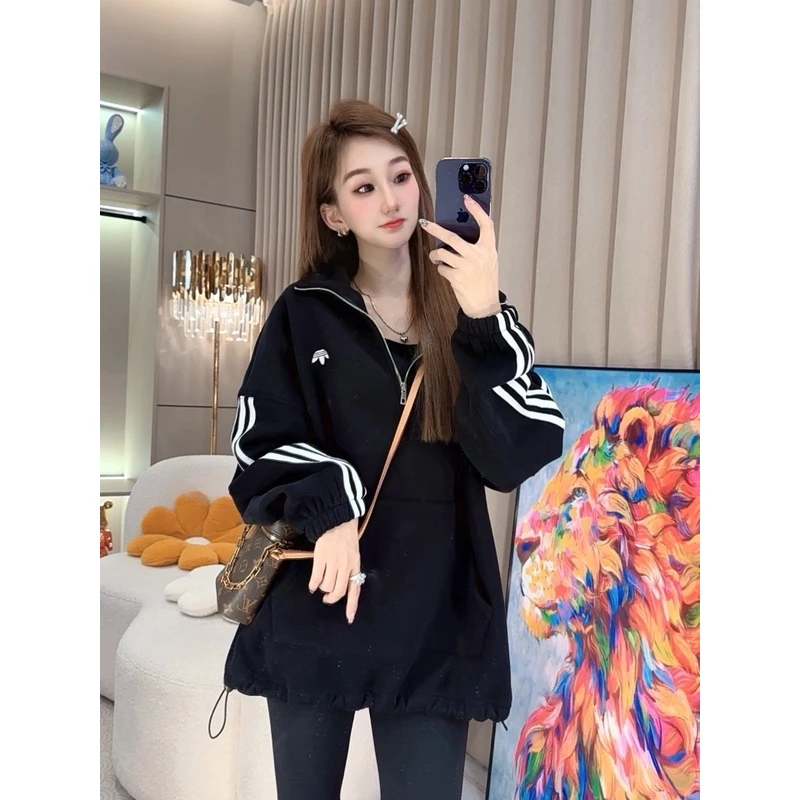 秋冬时尚百搭加绒加厚休闲保暖显瘦遮肉中长款卫衣外套