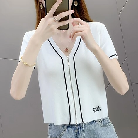 小个子显高显瘦短款针织衫女夏季百搭2024年新款拉链开衫外搭上衣