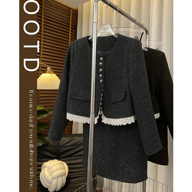 高级感小香风套装女秋季新款2024气质显瘦亮片洋气两件套