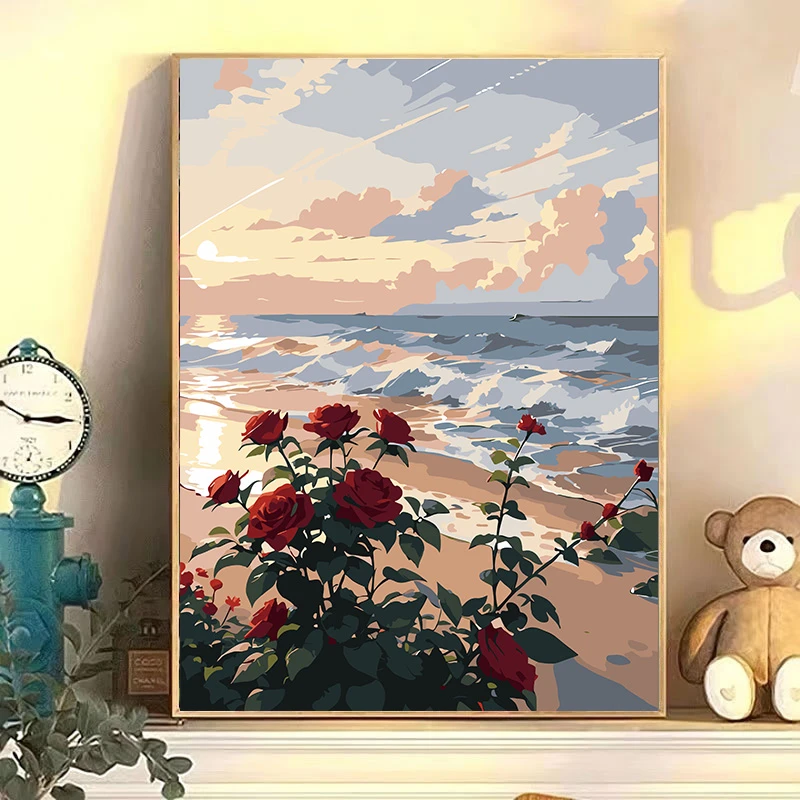 数字油画DIY玫瑰花卉风景简约填色高级感解压装饰挂画