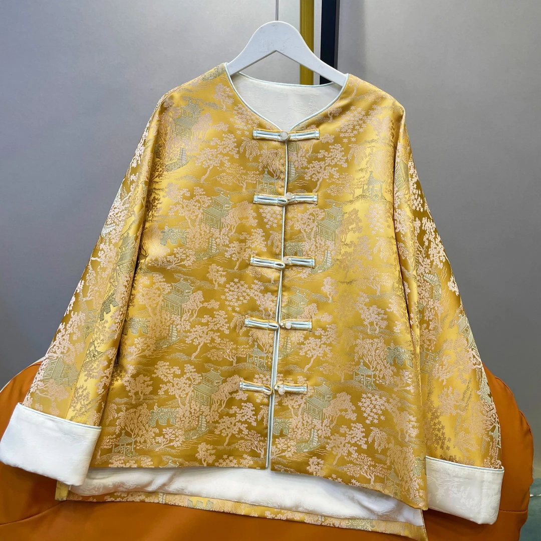 新中式国风盘扣设计师款印花圆领网红复古单面外套8821