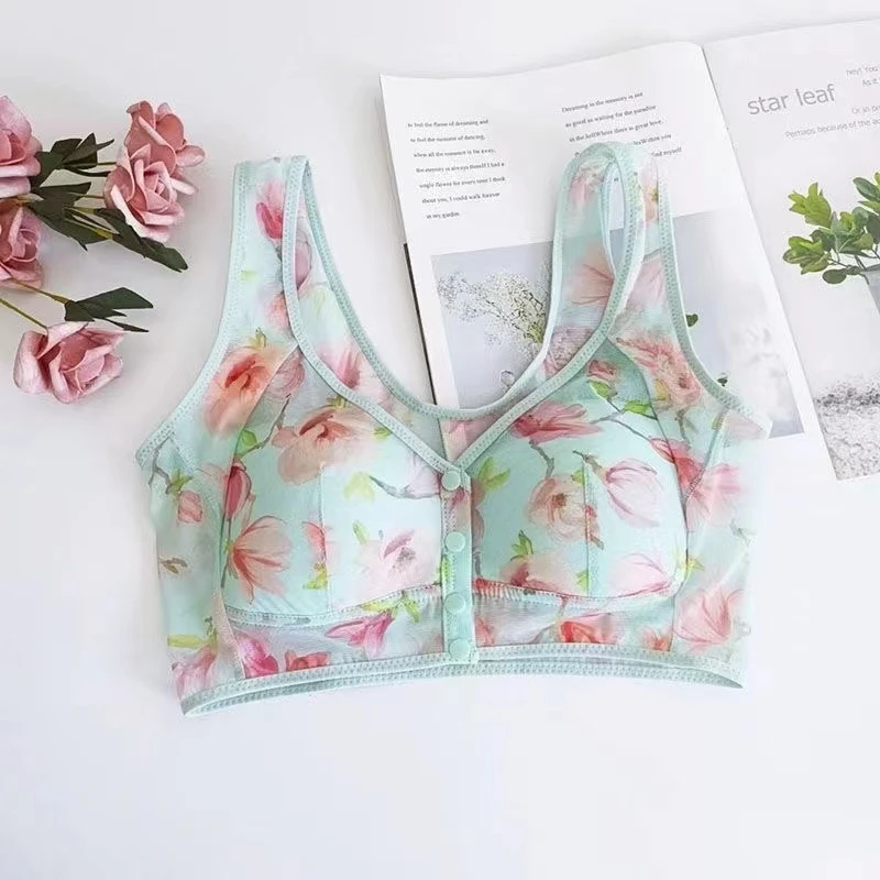 加大码超薄款无钢圈背心式前扣中老年透气网纱印花背心