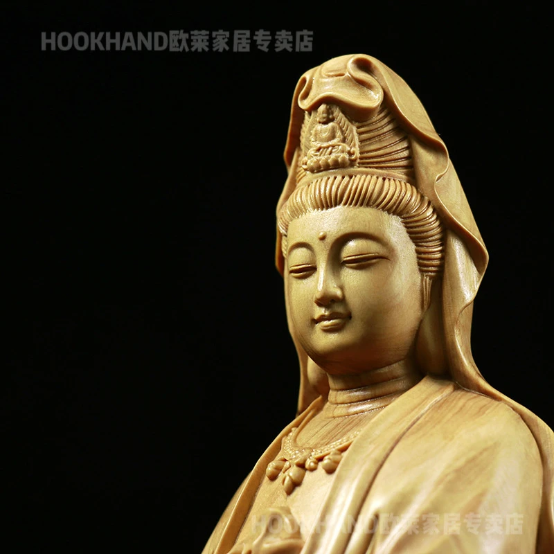 黄杨木雕家居客厅雕刻木质工艺品摆件观音菩萨禅意观世音中式