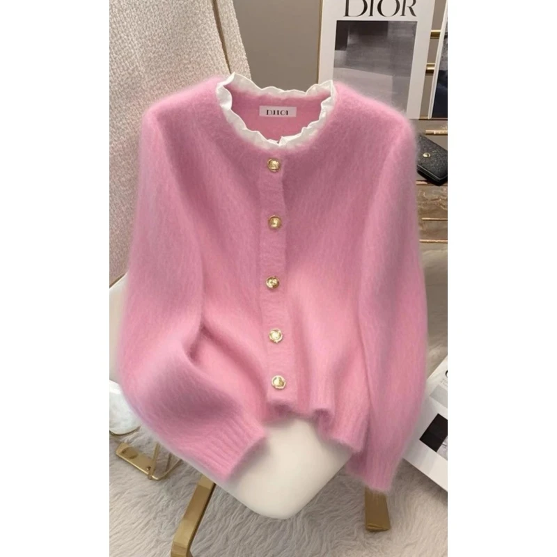 2024年秋季韩系穿搭设计感毛针织上衣高级感小香风粉色毛衣女超