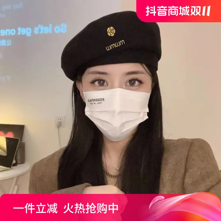 秋冬帽子女法式毛呢贝雷帽女秋冬新款显脸小黑色时尚洋气蓓蕾帽潮