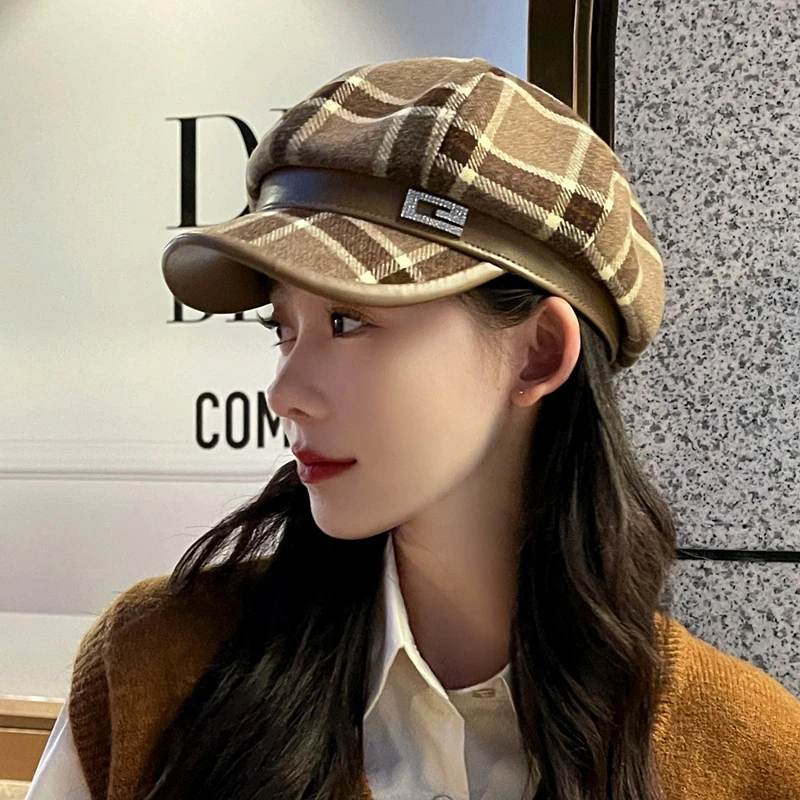 英伦格子气质毛呢八角帽女秋冬季百搭时尚贝雷帽复古学院报童帽子