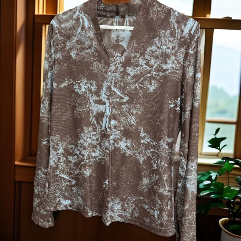 【P164】2024秋季新款时尚简约卡其色印花衬衫