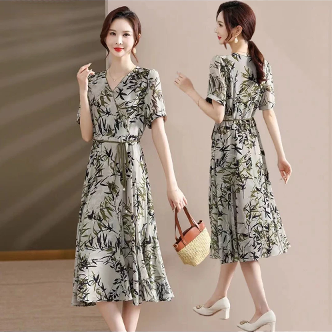 A568-A8百搭时尚大码女装连衣裙气质洋气夏季复古法式收腰修身