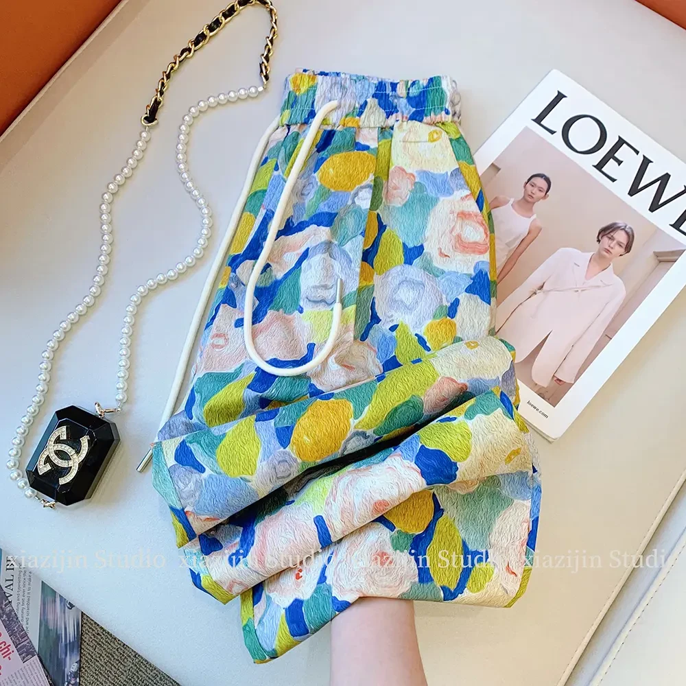 冰丝花裤子女夏季2025新款碎花设计感沙滩小个子九分凉凉阔腿裤薄