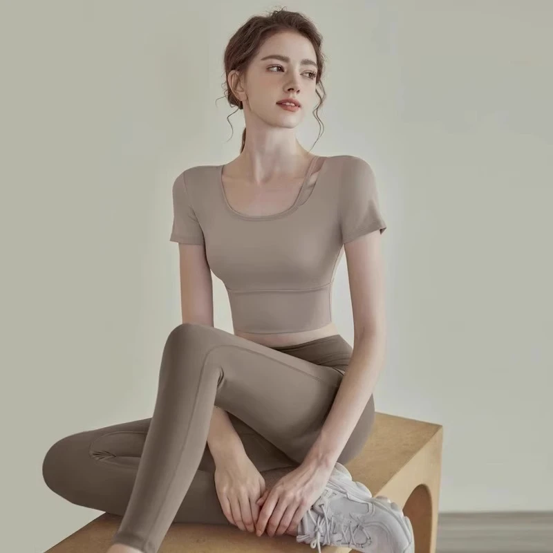 高级感短袖带胸垫瑜伽服上衣女夏季健身运动普拉提训练服套装