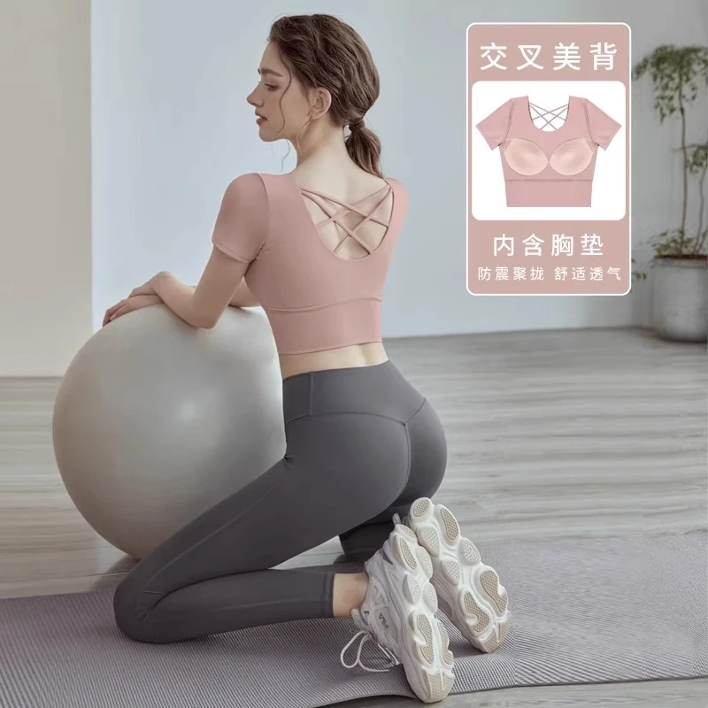 lulu瑜伽服女2025新款带胸垫短袖运动健身普拉提训练服高级感套装