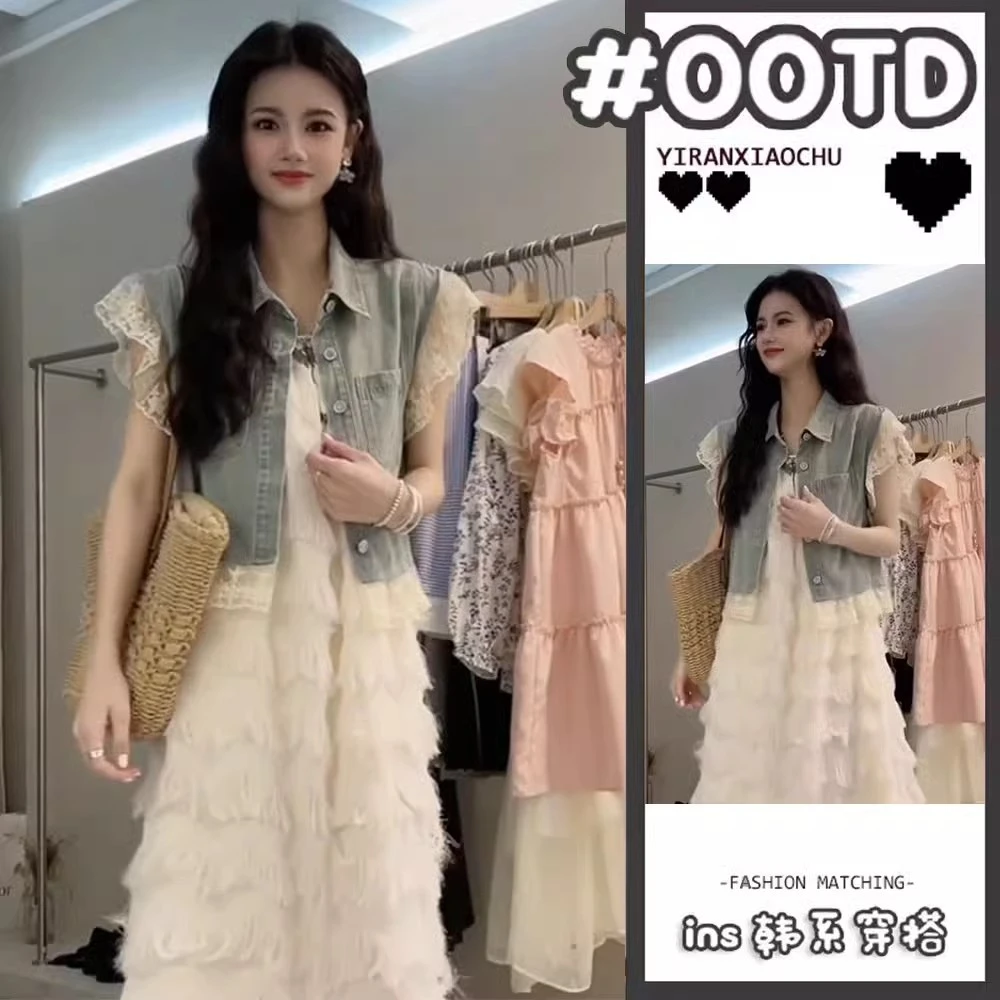 复古牛仔马甲外套搭配白色无袖吊带连衣裙女2025夏季两件套装