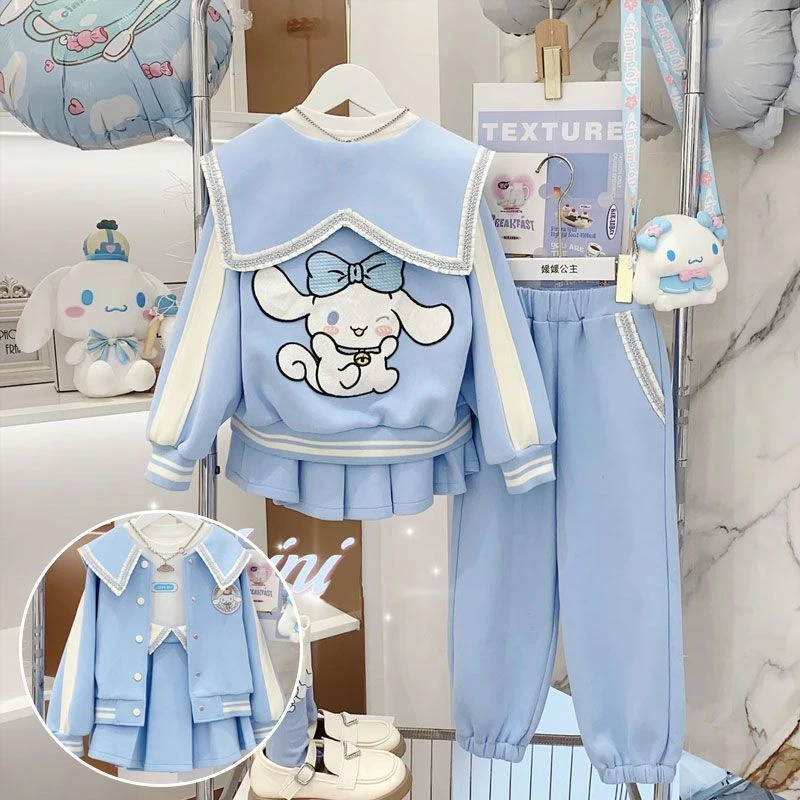 女童套装秋冬装2023新款韩版儿童棒球服外套百褶裙子长裤两件套潮