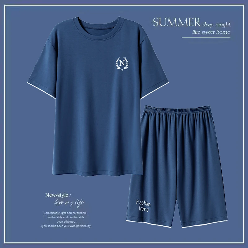 男士莫代尔睡衣夏季短袖薄款简约休闲宽松冰丝透气圆领家居服套装