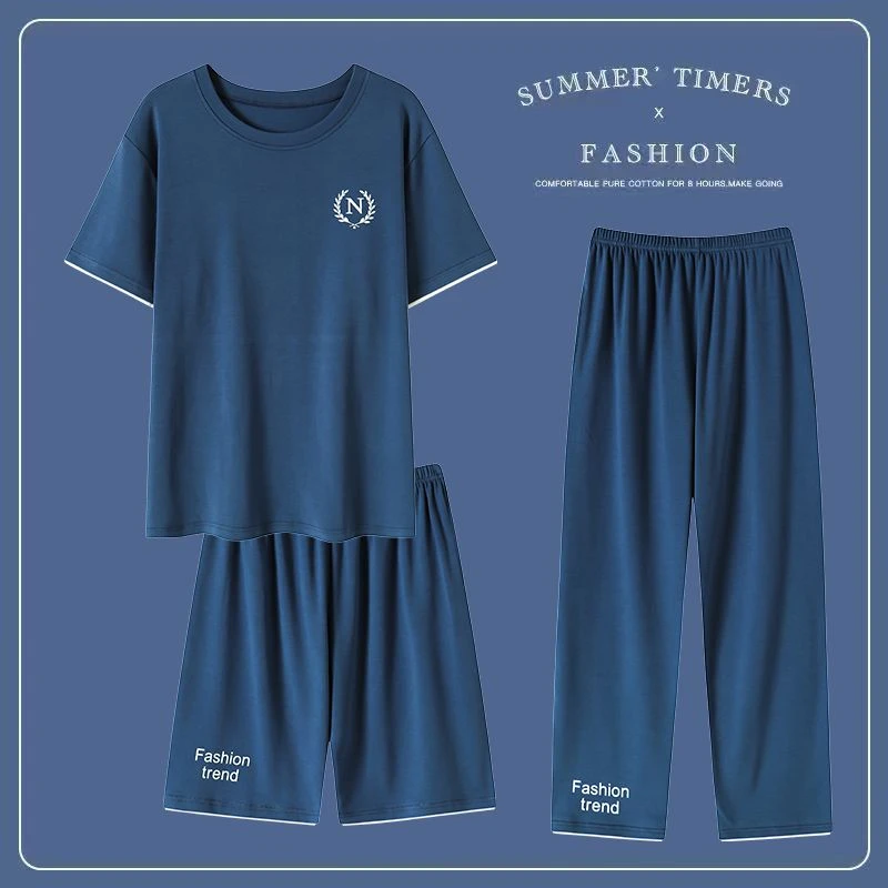 睡衣男士莫代尔夏季简约宽松圆领夏天薄款透气可外穿家居服三件套