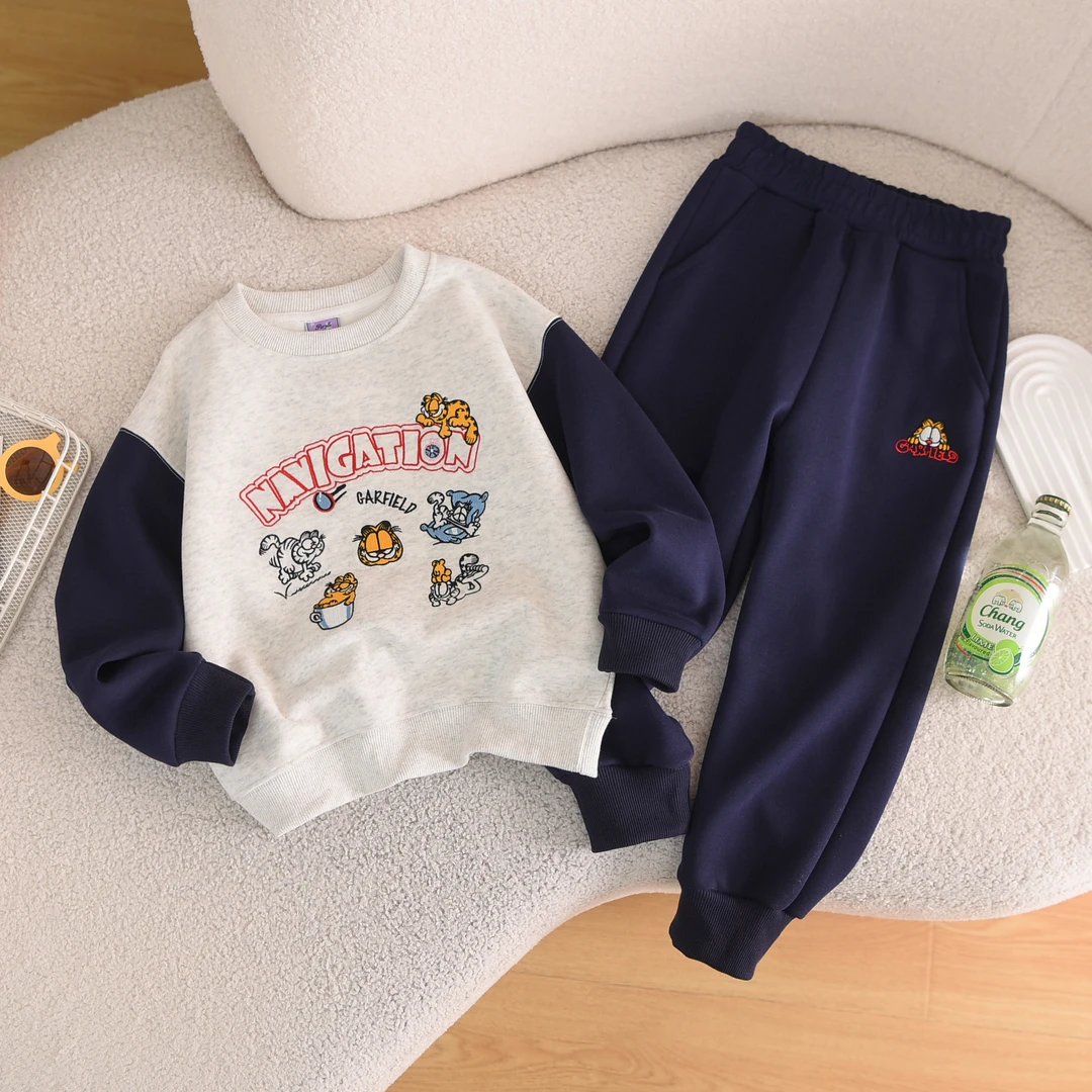 6号新款儿童百搭秋款休闲4-14刺绣加菲猫男女宝套装卡通秋季圆领