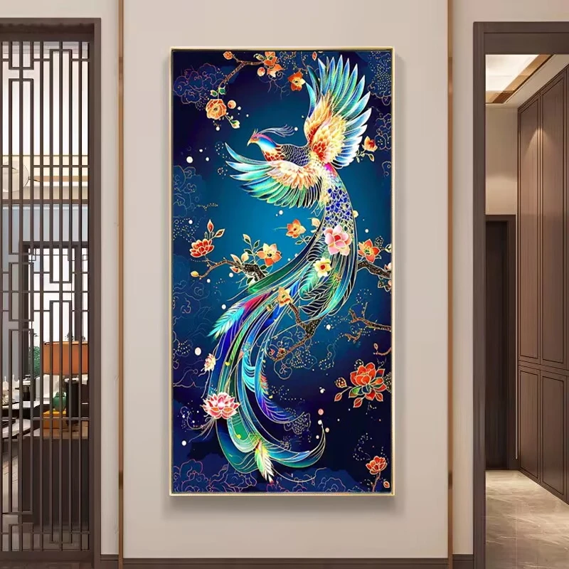2024新款钻石画满钻凤凰手工粘贴钻画客厅花卉玄关竖版钻石十字绣
