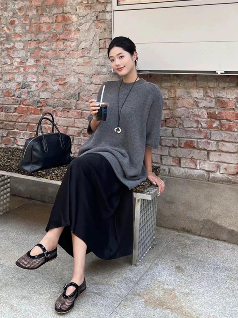 中长款五分袖针织衫秋冬内搭宽松套头毛衣羊绒衫女