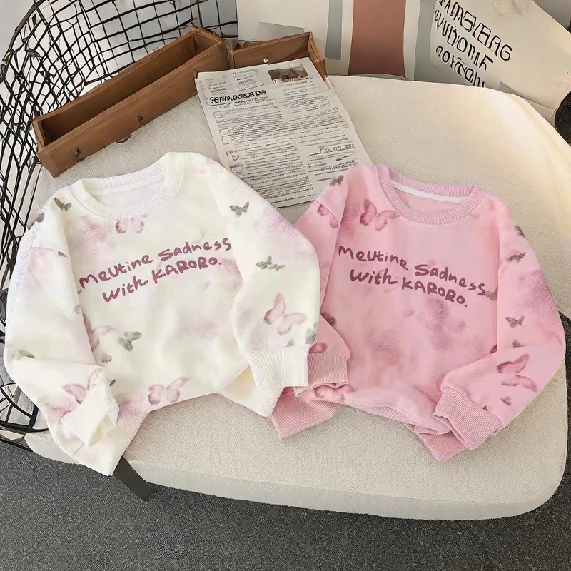 chic粉色蝴蝶扎染圆领卫衣女春秋2024新款宽松女童洋气短款上衣潮