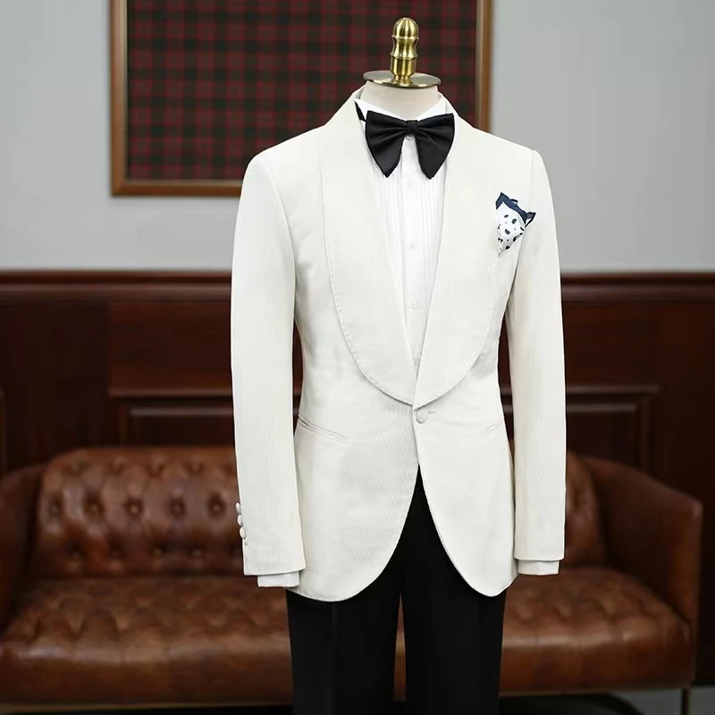 白色商务绅士修身一粒扣青果领白色西服男结婚婚礼新郎礼服单西