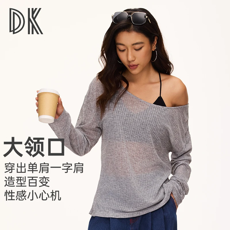 DK轻薄宽松长袖罩衫大领口时尚性感一字肩上衣休闲显瘦薄款6221