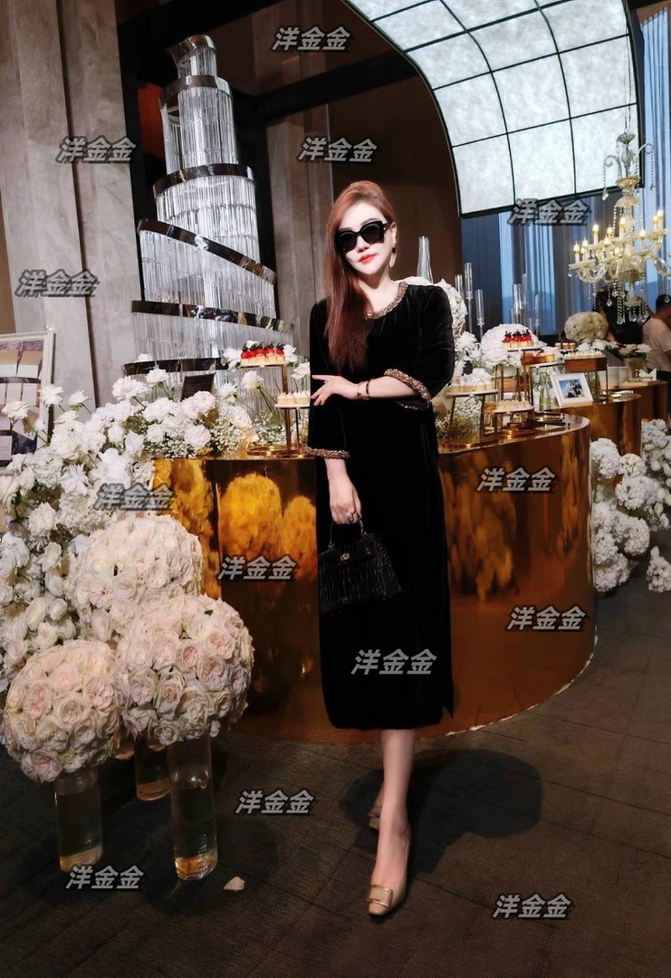 洋金金【圆领高级贵妇】100桑蚕丝高级黑色连衣裙手工款