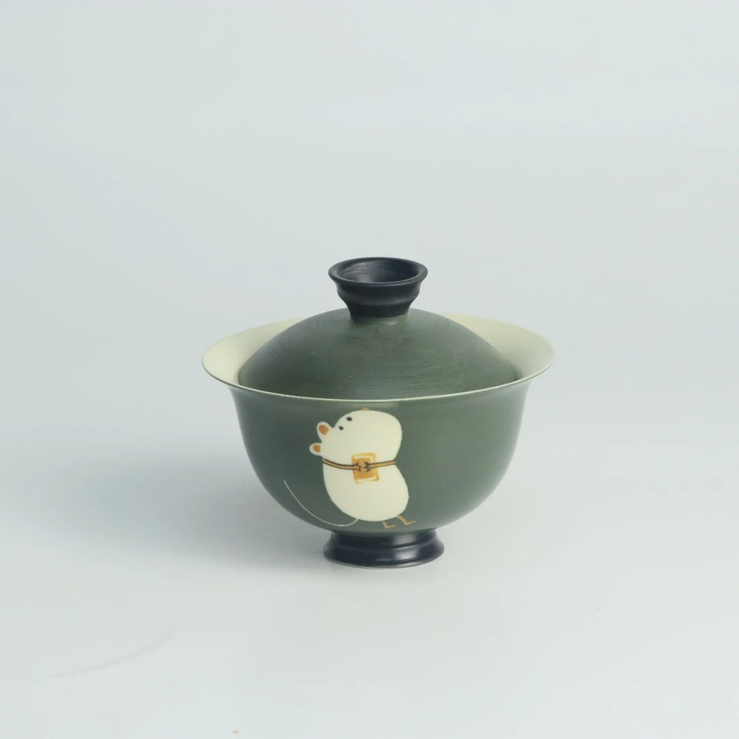 新10007X手绘粉引系列小仓鼠盖碗