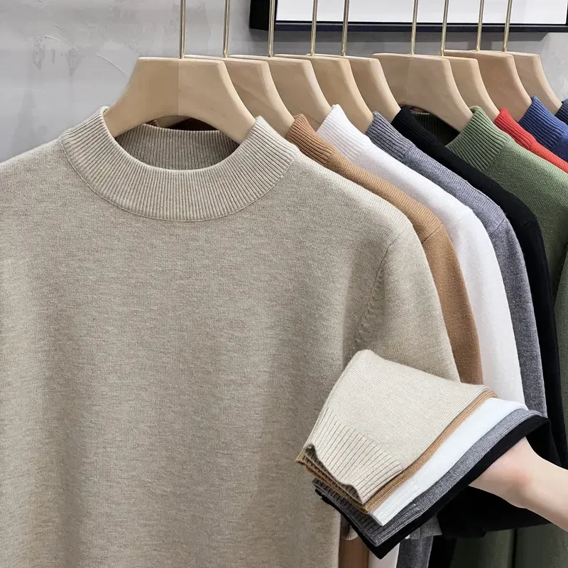 2024半高领毛衣男韩版潮流外穿纯色毛线衫男士针织打底衫内搭