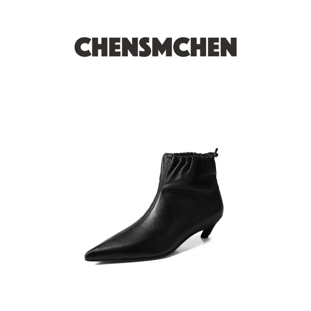 CHENSMCHEN 细跟尖头英伦法式褶皱套筒短靴6680