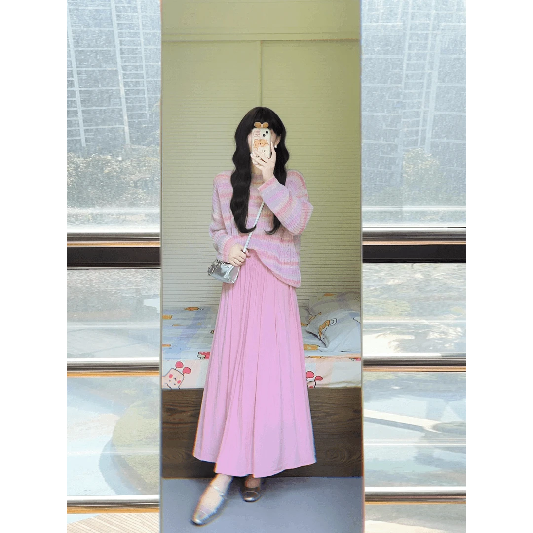 慵懒减龄彩色条纹套头针织衫秋季高腰粉色大裙摆垂感a字半身裙女