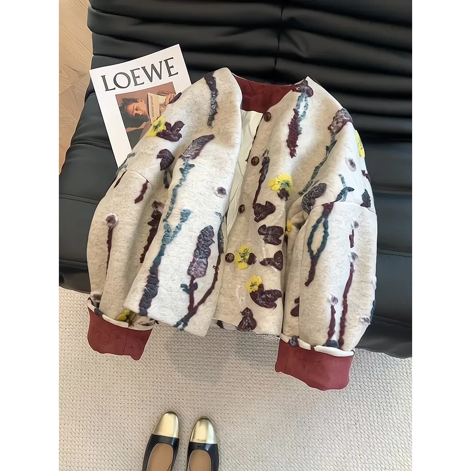 复古立体花卉毛呢棉服女冬季新款高级感独特中长款加厚外套