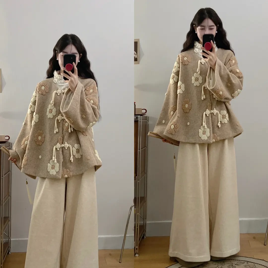 大码女装新中式大盘扣重工国风毛呢外套显瘦遮肉阔腿裤洋气穿搭
