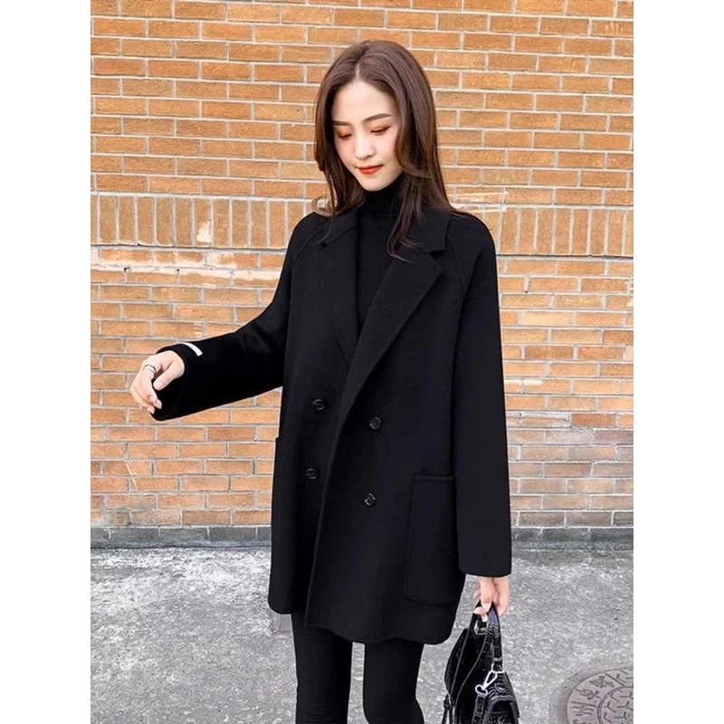 黑色西装领毛呢外套女秋冬季新款大码胖mm宽松赫本风高级呢子大衣