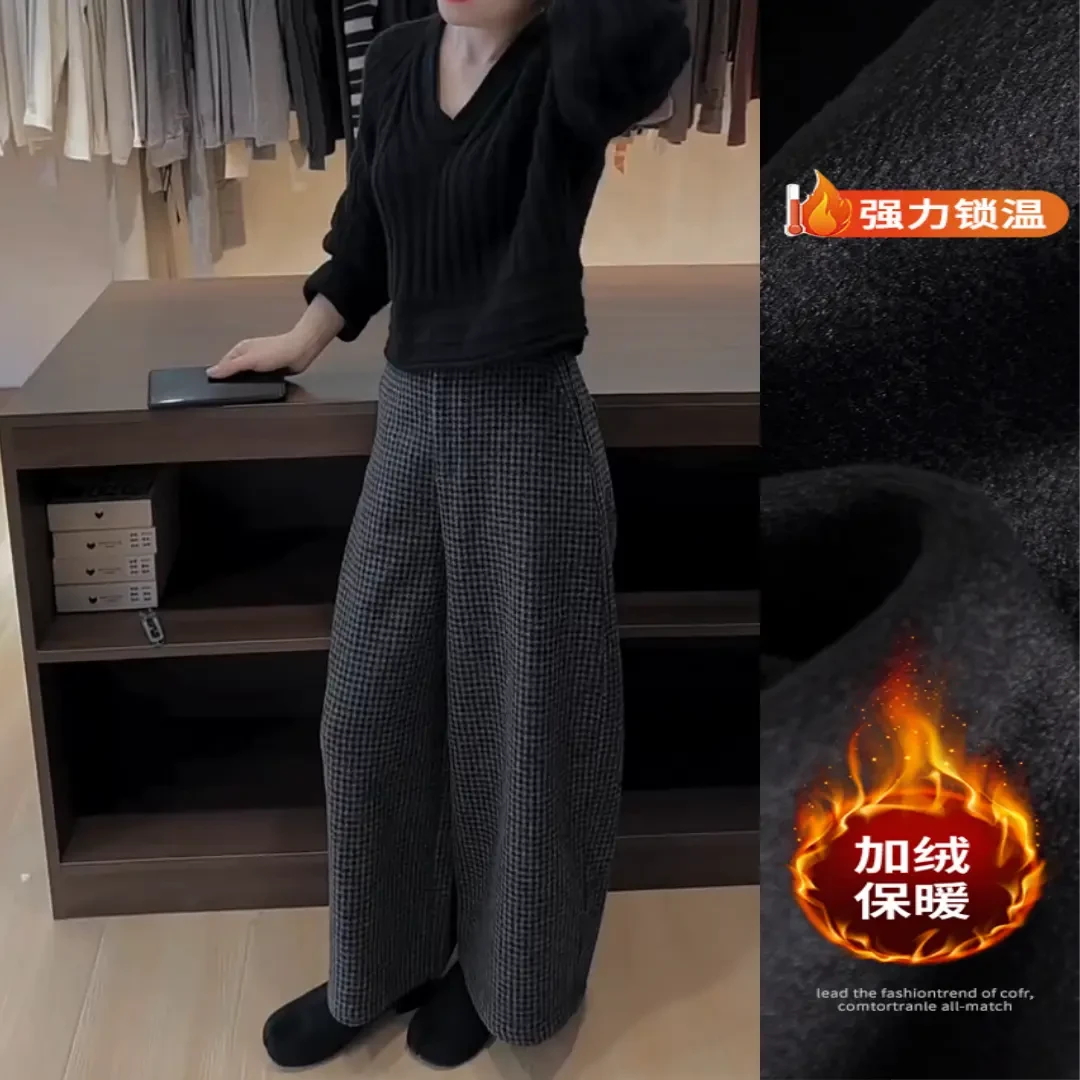 韩系百搭毛呢格子裤2024年秋冬新款加绒高腰显瘦九分阔腿裤