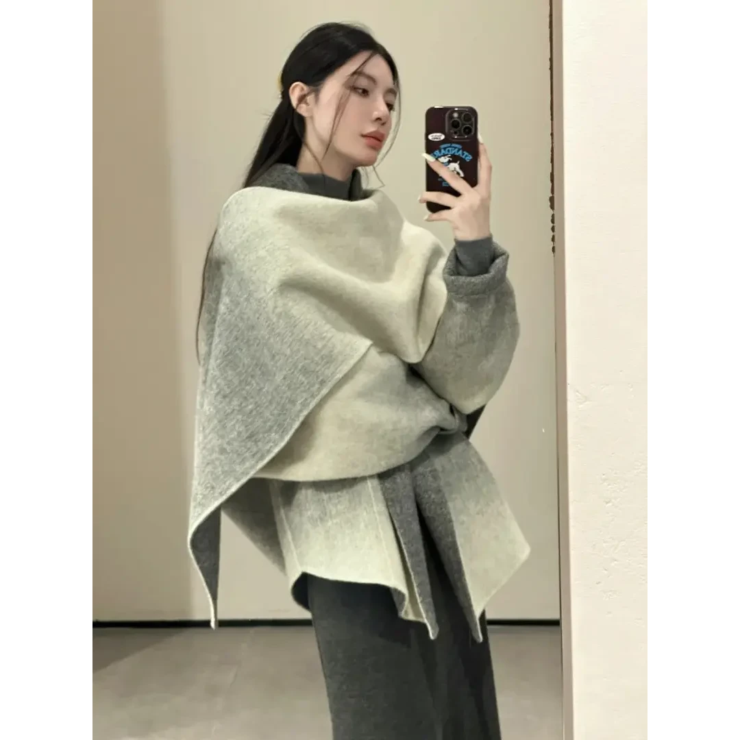 初冬搭配一整套韩系穿搭渐变色大围巾斗篷外套气质半身裙三件套女