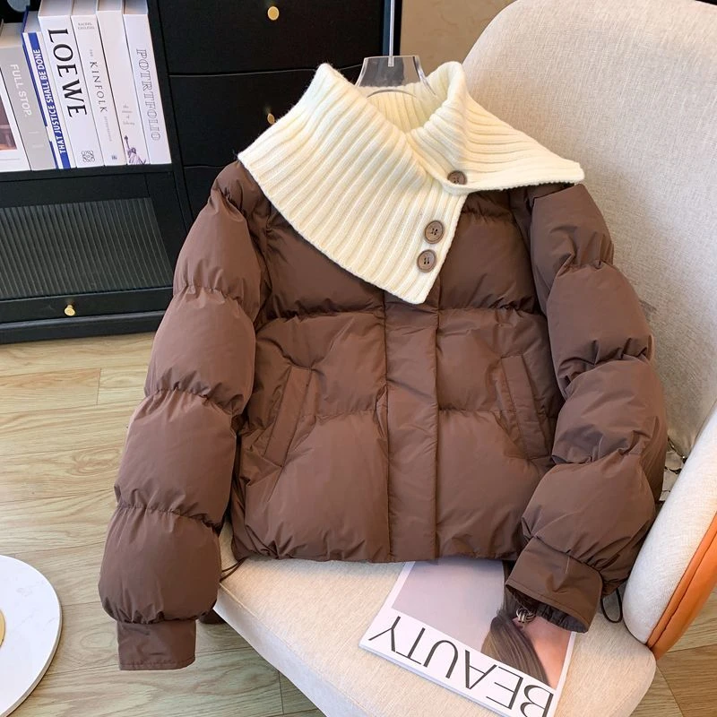 2024冬装新款拼接针织翻领小众设计感韩版加厚保暖棉服外套女