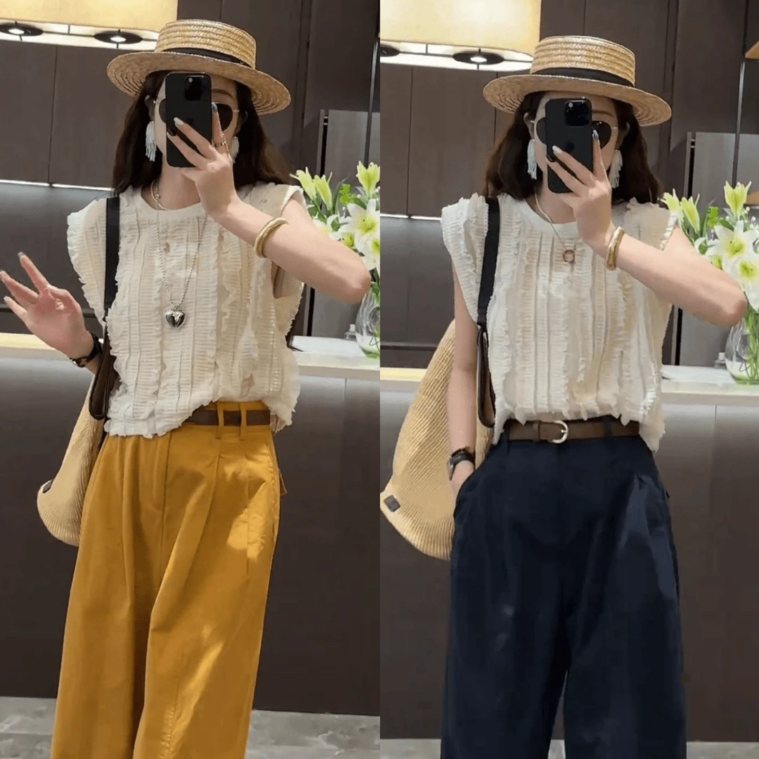 新款圆领纯色坎肩木耳边圆领上衣直筒阔腿纯色2024夏季休闲裤套装