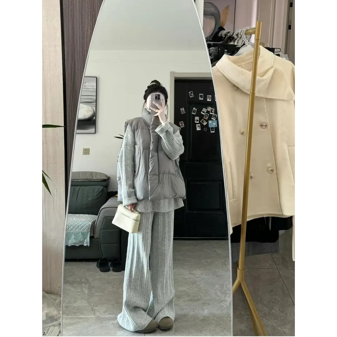 2024秋冬新款棉服保暖马甲半拉链翻领宽松毛衣 阔腿裤三件套装