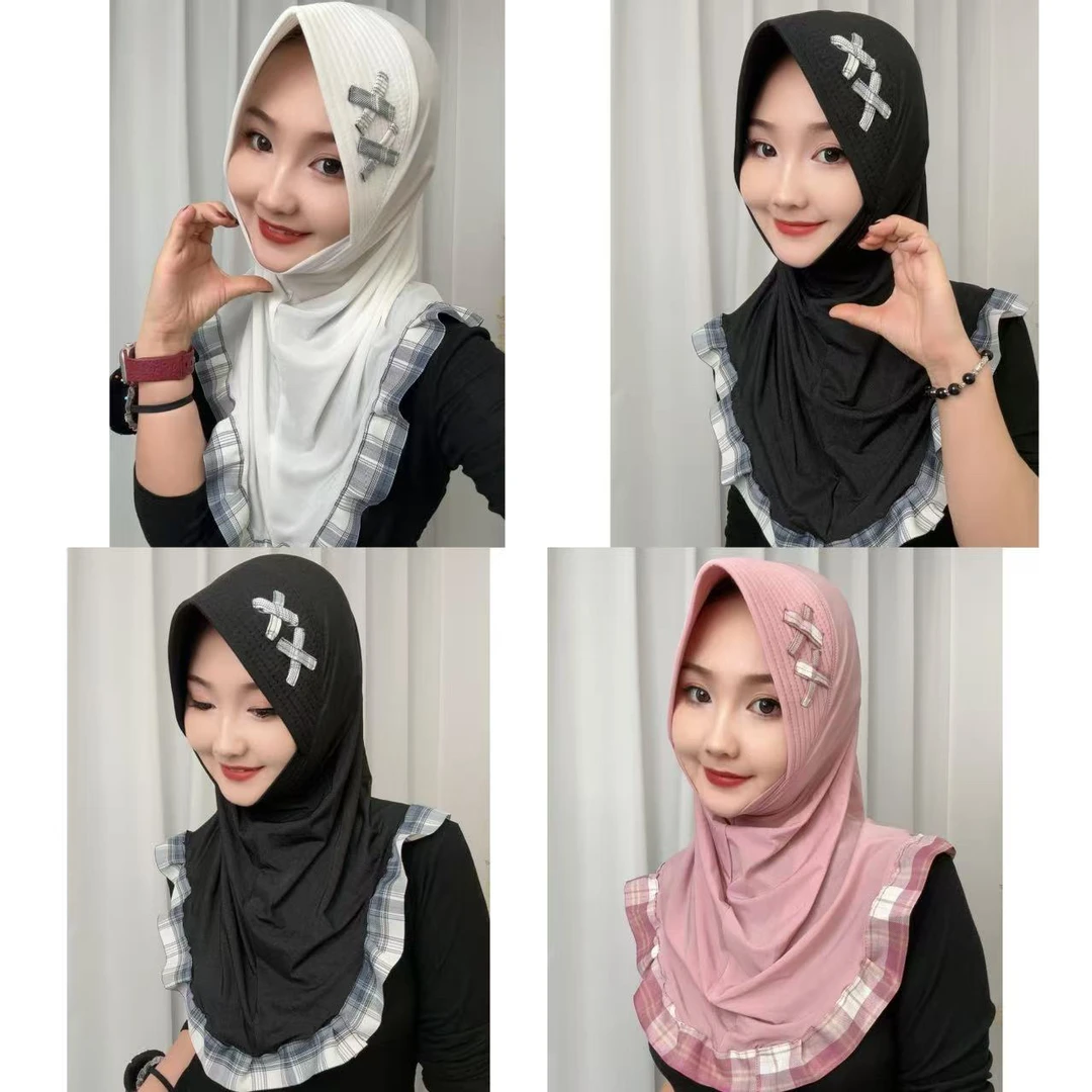 休闲减龄格子花边学院海绵软帽沿套头