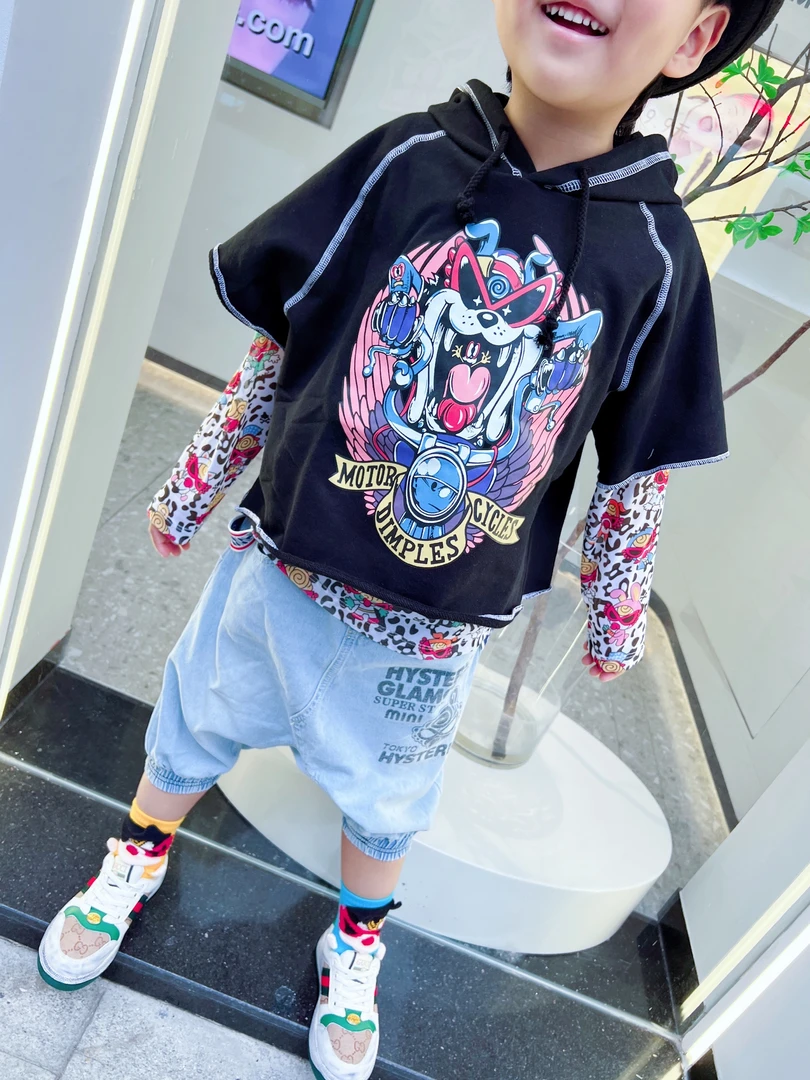 TOMATO家日系潮牌童装 黑超哈伦牛仔裤 七分裤宽松儿童