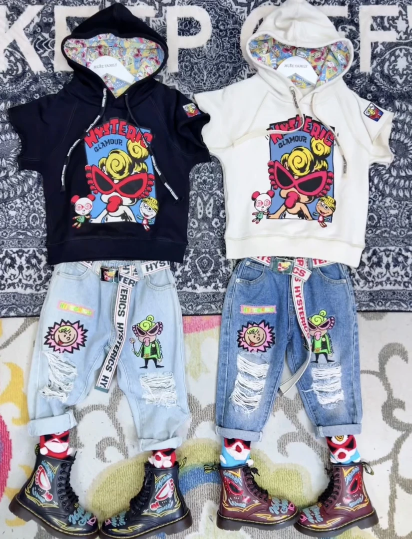 TOMATO家 日系潮牌童装 中古款黑超卡通短袖卫衣帽衫儿童