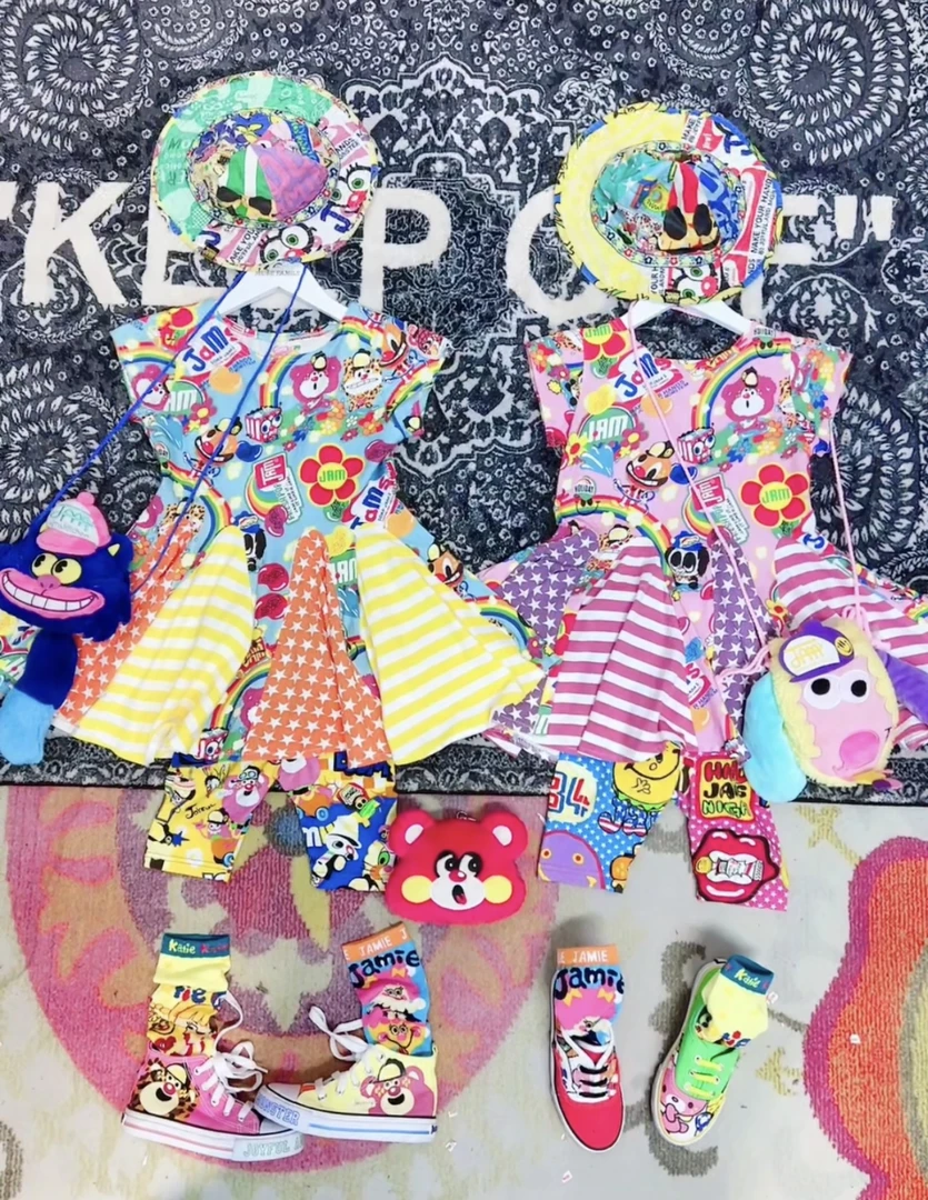 TOMATO家 日系潮牌童装 JAM彩虹小熊拼接连衣裙