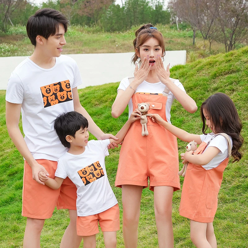套装亲子装夏装一家三口四口背带裤兄妹装母子装t恤姐弟装母女装
