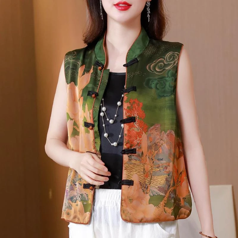 中年妈妈短款马甲女夏装小个子坎肩背心中式盘扣复古印花无袖上衣