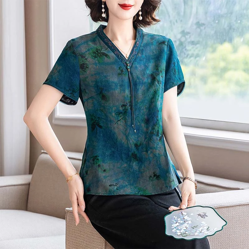 国风刺绣小衫女装短袖t恤夏季装新款妈妈新中式衬衫唐装洋气上衣